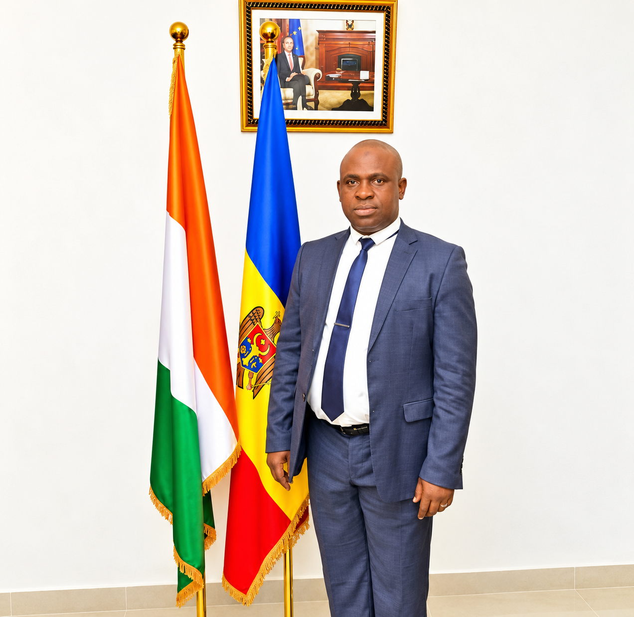 Portretul oficial al domnului DIARRA Mahamadou, consul onorific al Republicii Moldova în Republica Côte d’Ivoire, în fața drapelelor ivorian și moldovean.